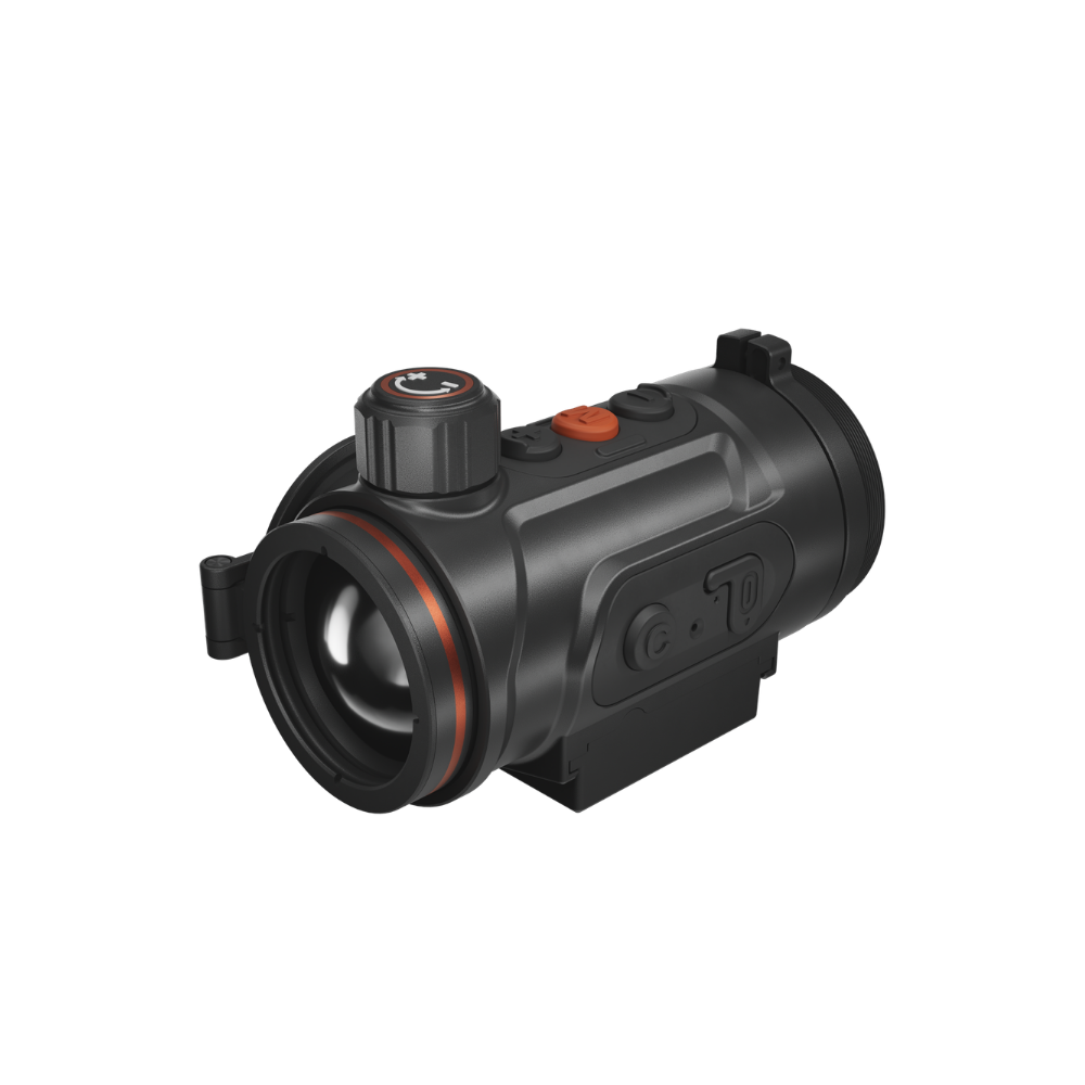 A black thermal scope with orange accents, featuring a textured adjustment knob, and a mounted base.
