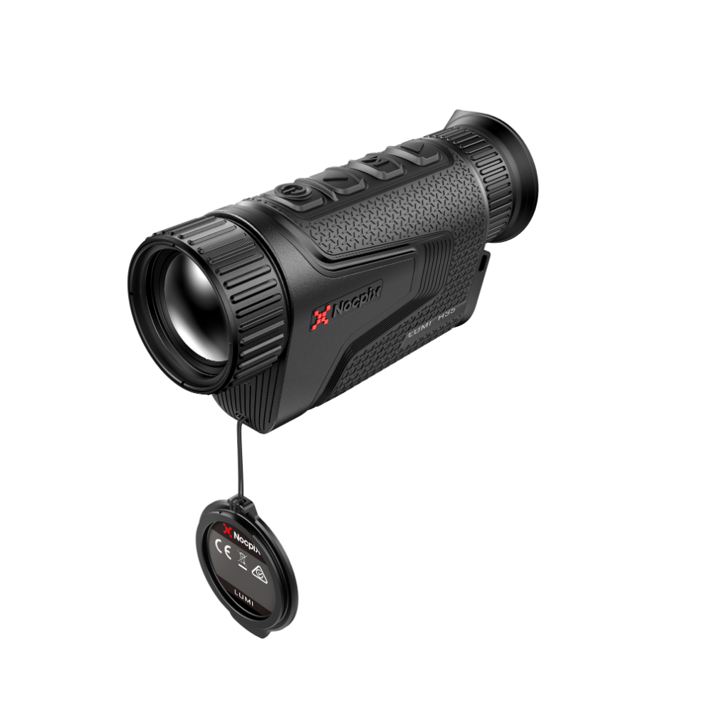 A black Nocpix thermal monocular rifle scope, shown with its protective lens cap hanging below