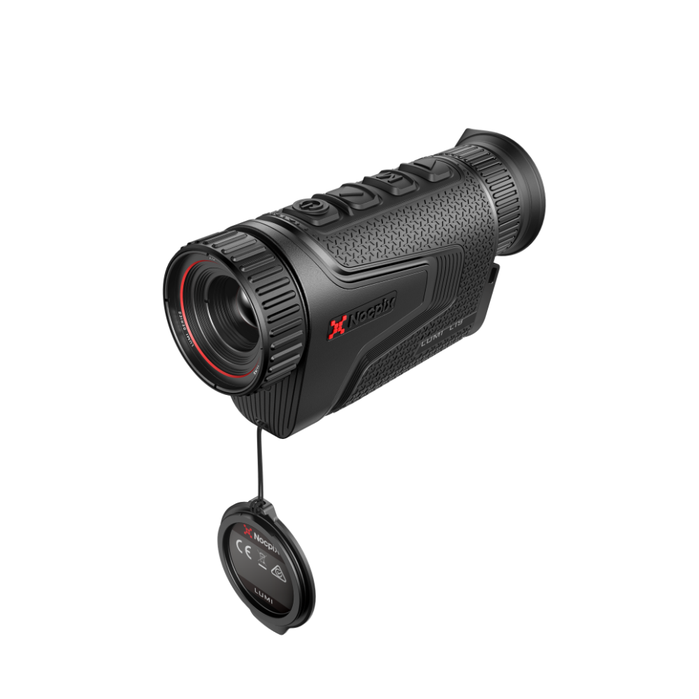 A black thermal rifle scope with a textured grip, rubberized lens cover, and a small red Nocpix logo 2