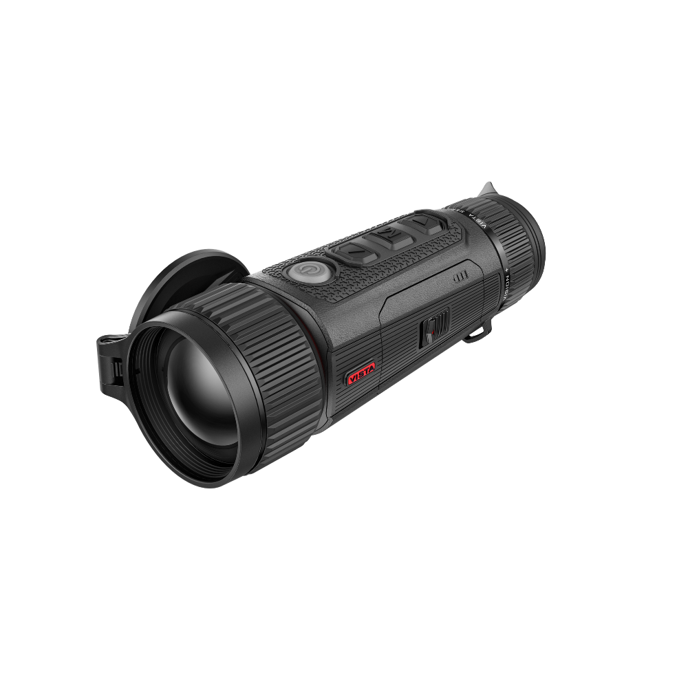 A black monocular device with a large front lens, textured grip, side buttons, and a small red Vista logo.