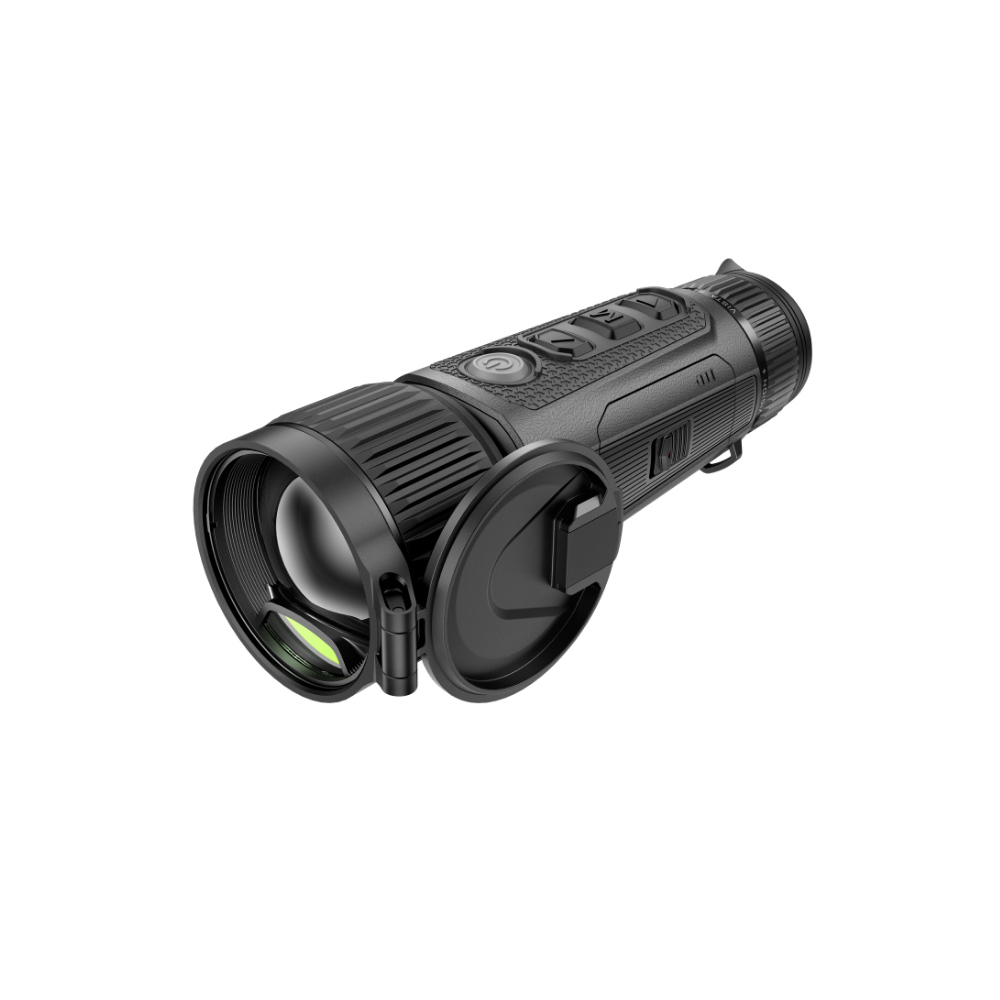 A black thermal monocular with a large objective lens, textured grip, and attached protective cover.