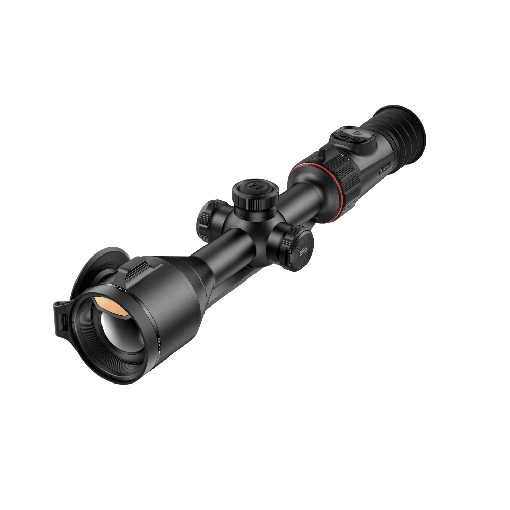 A black thermal rifle scope with a red accent ring, shown at a diagonal angle.