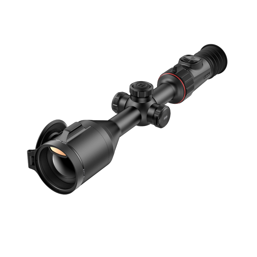 A black thermal rifle scope with a red accent ring, shown at an angle.