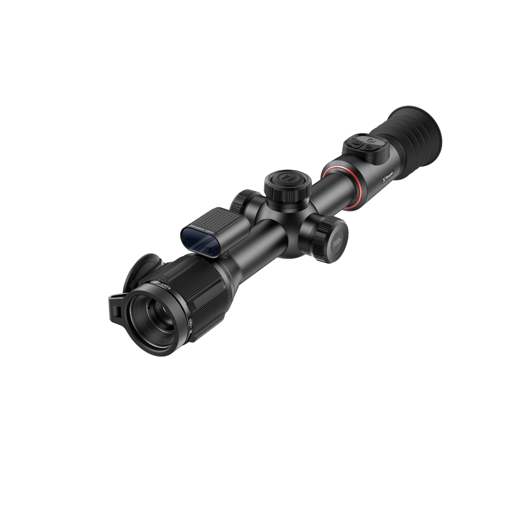 A black thermal scope rifle sight with a red ring accent and a lens cover.