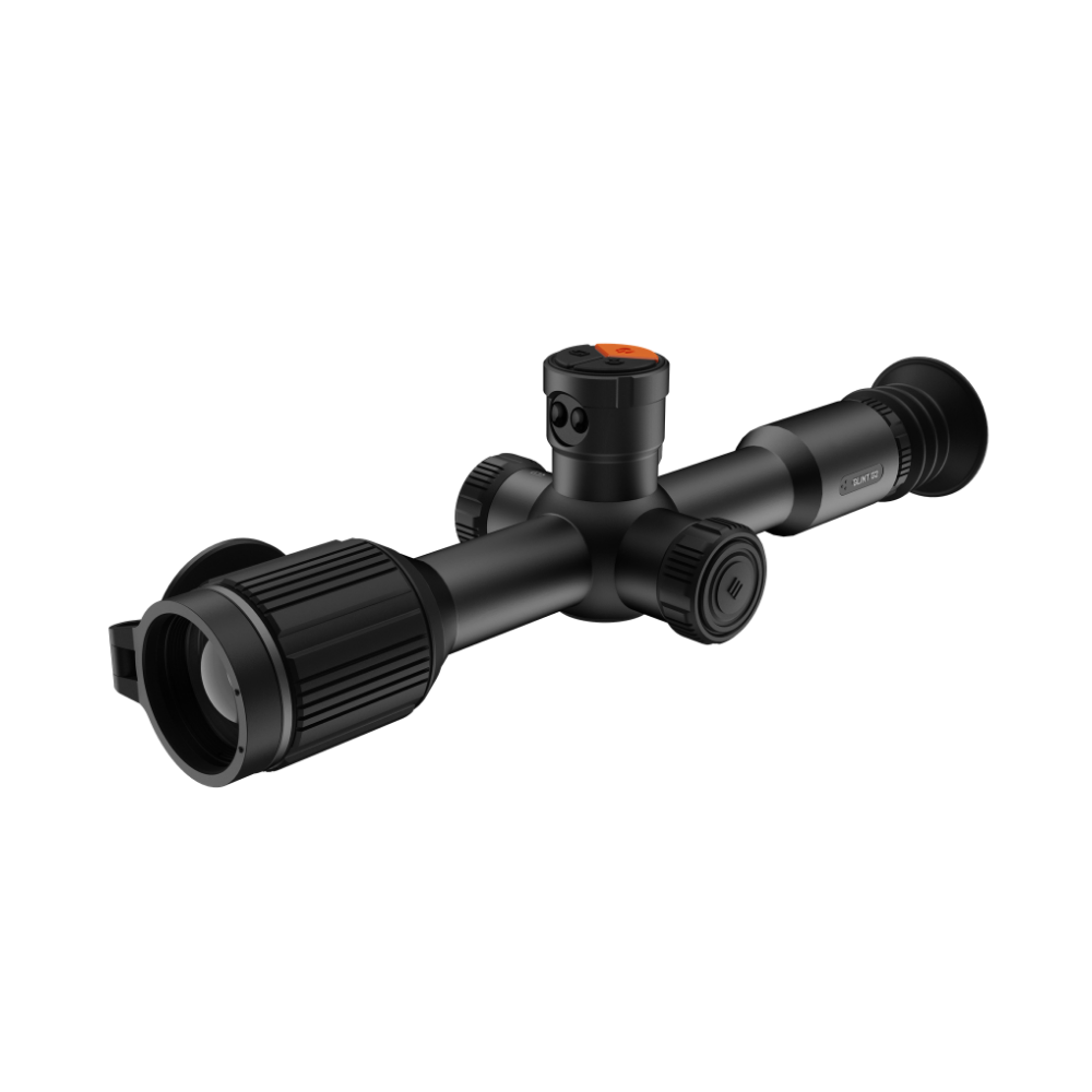 A black thermal scope with adjustment knobs, shown at an angle.