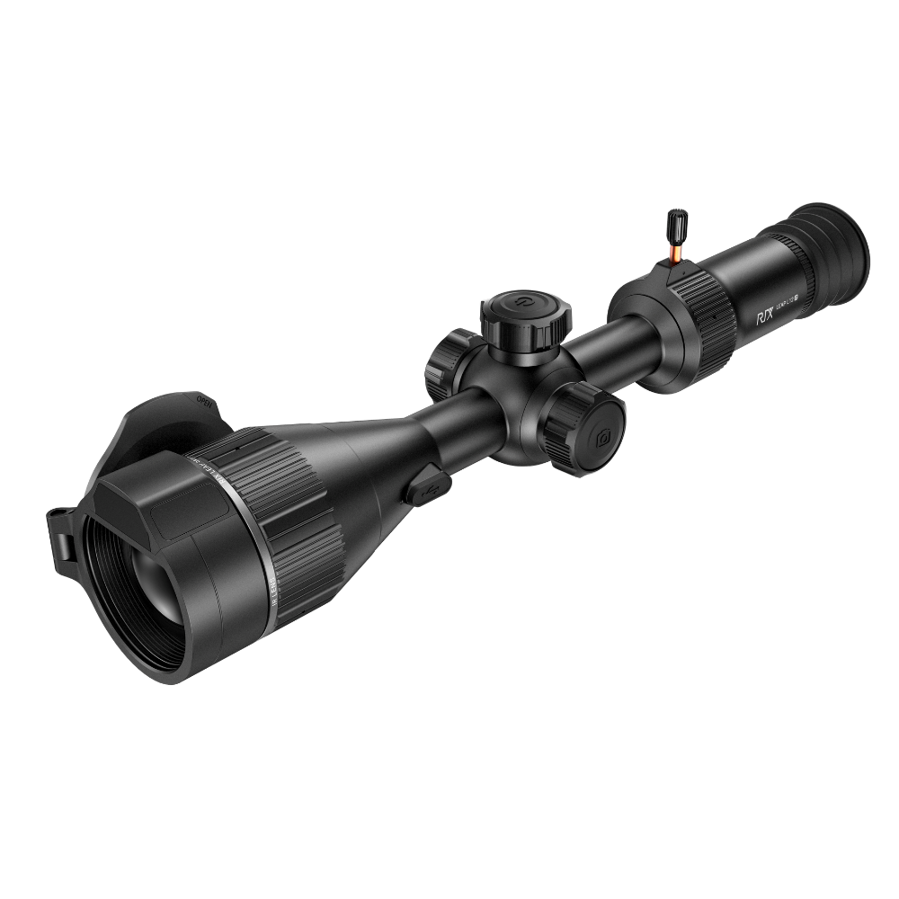 A black rifle scope with a large objective lens, adjustment knobs, and a protective lens hood.