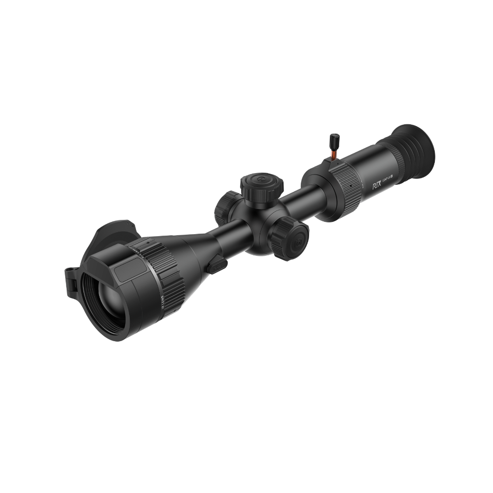 A black thermal scope with adjustment knobs and a small red switch, shown at an angle.