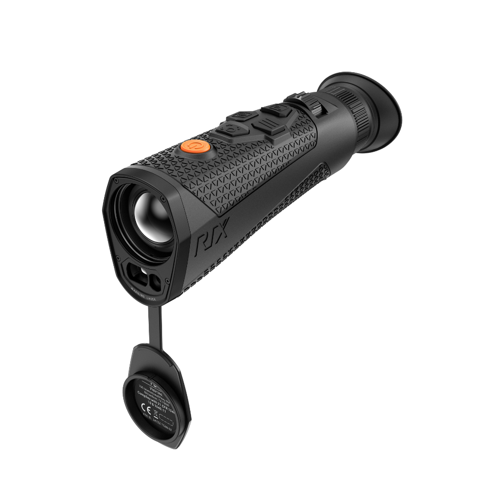 A black Rix thermal imaging scope with a textured eyepiece and control buttons, shown at an angle.