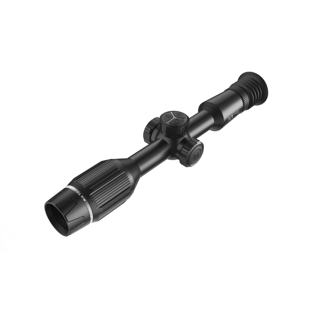 A black thermal scope with adjustment knobs, shown at an angle.