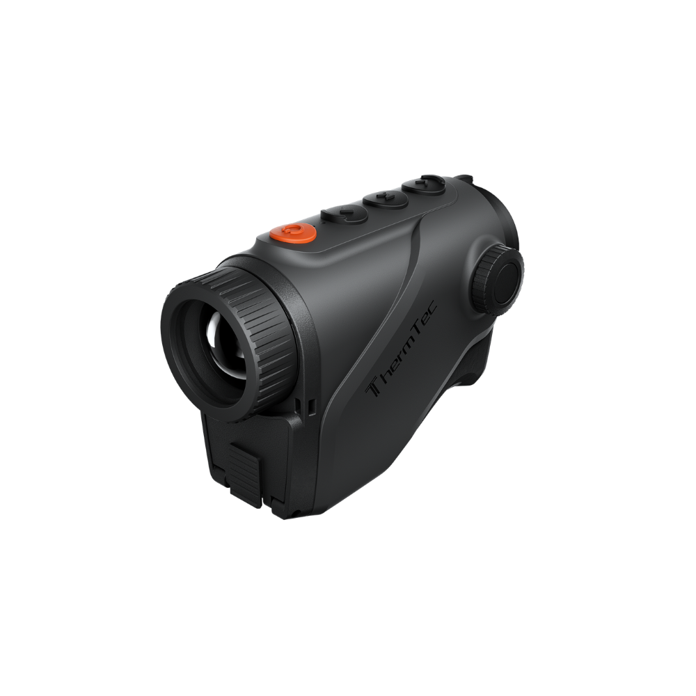 A black Thermtec thermal imaging monocular with an orange power button, shown at a three-quarter angle.