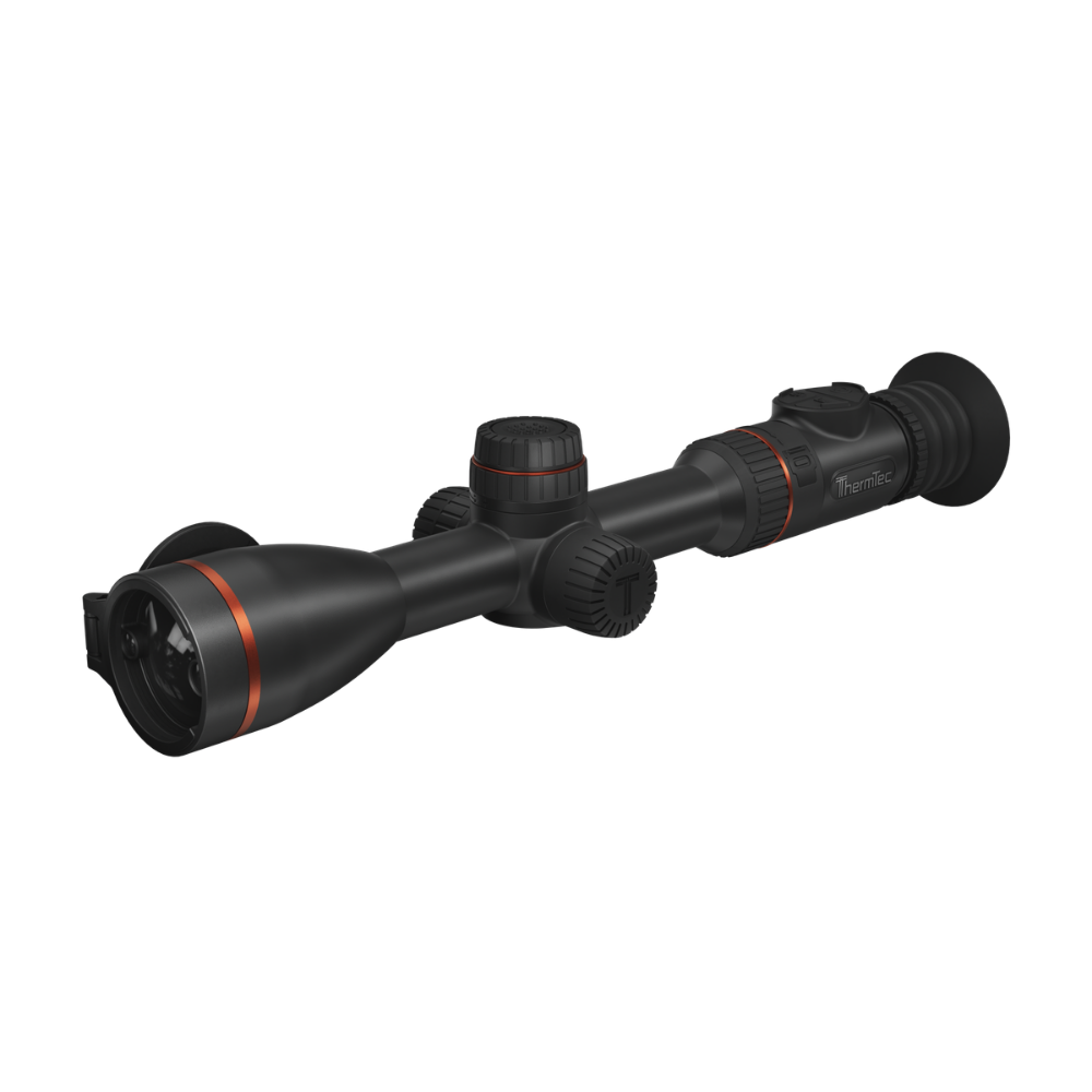 A black thermal rifle scope with red accent rings and a mounted reticle.