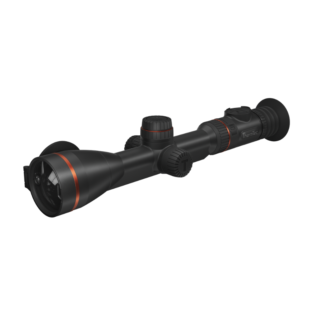 A black thermal rifle scope with orange accent rings, shown at a diagonal angle.