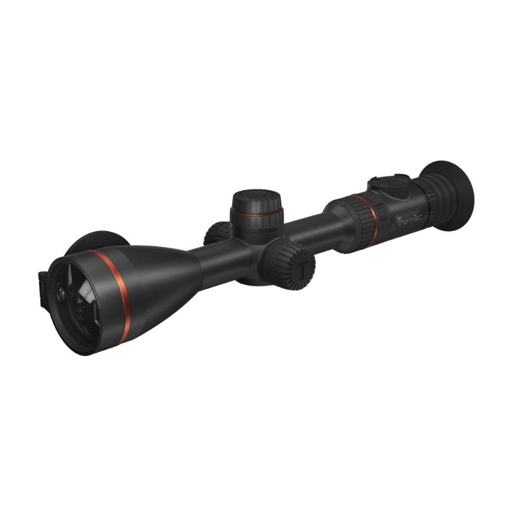 A black rifle scope with orange accent rings, shown at a diagonal angle.