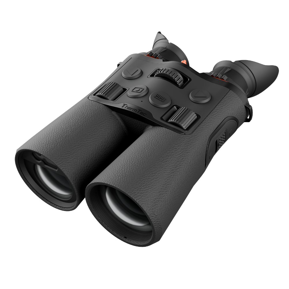 Black thermal binoculars with a textured rubberized grip and control buttons on top.