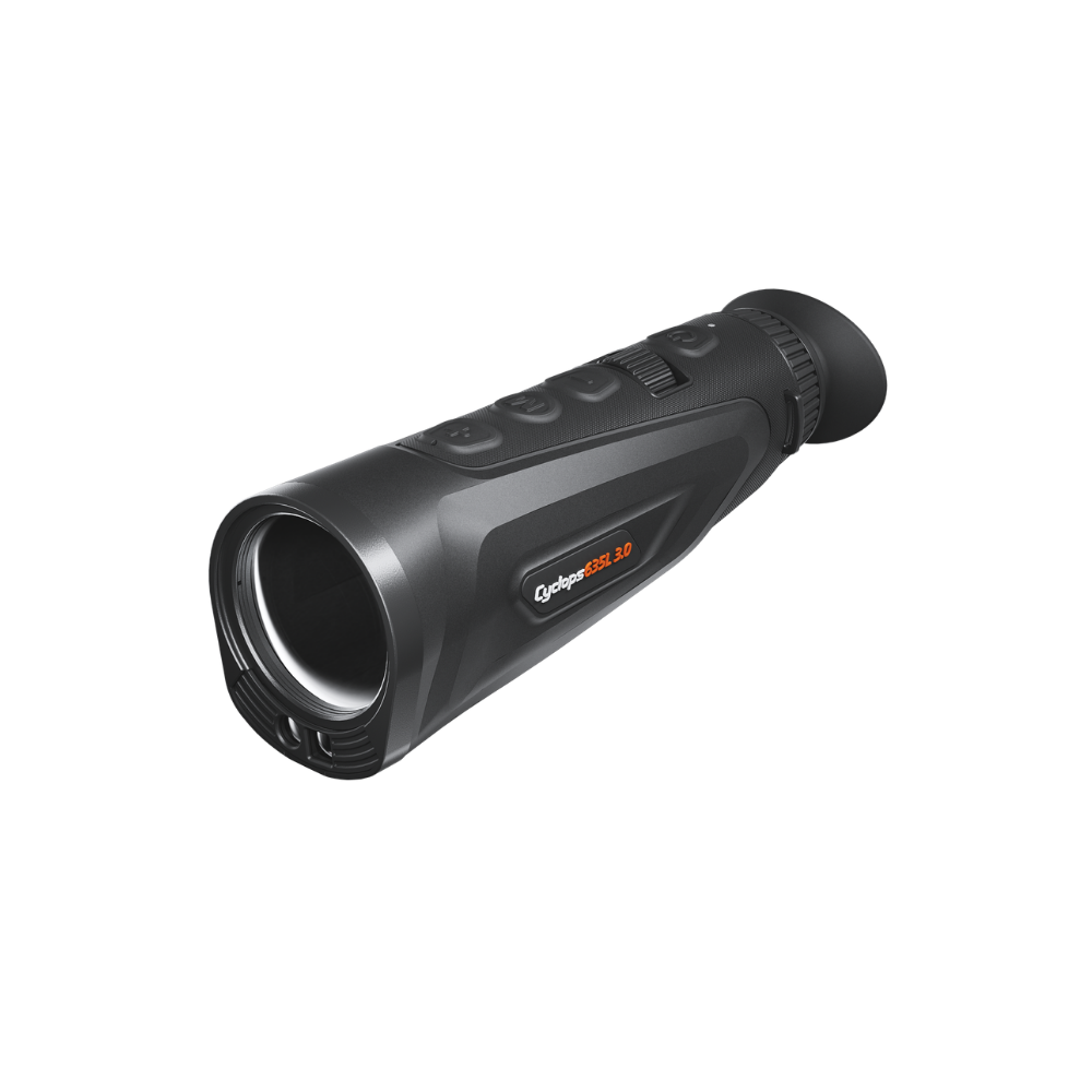 A black thermal monocular , identified as a Cyclops 635l 3.0, shown at a three-quarter angle.