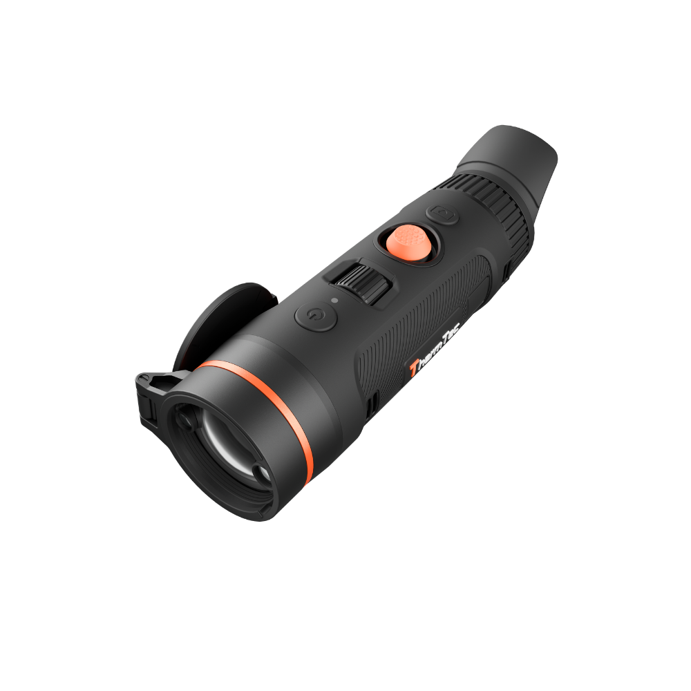 A black thermal monocular with orange accents, including a button and a ring near the lens.