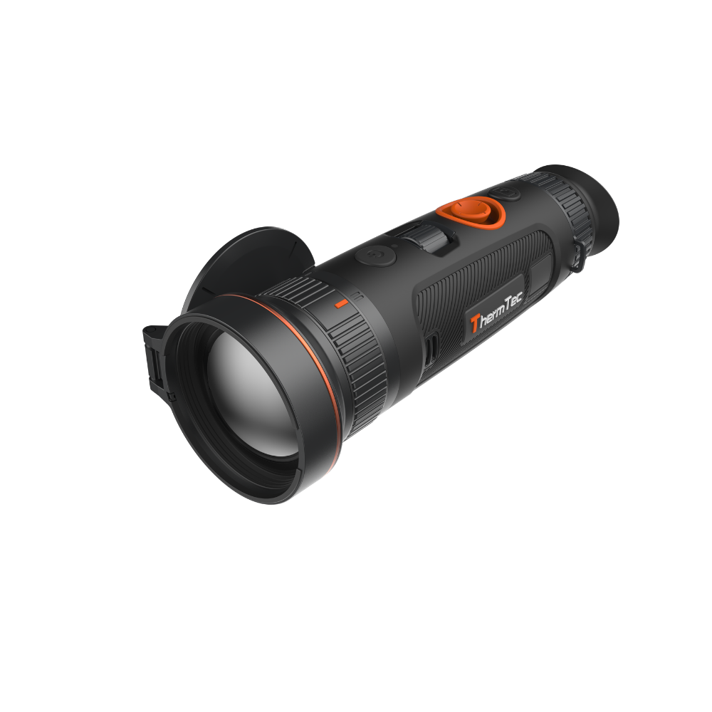A thermal monocular with a black body, orange accents, and a clear objective lens, shown at an angle.