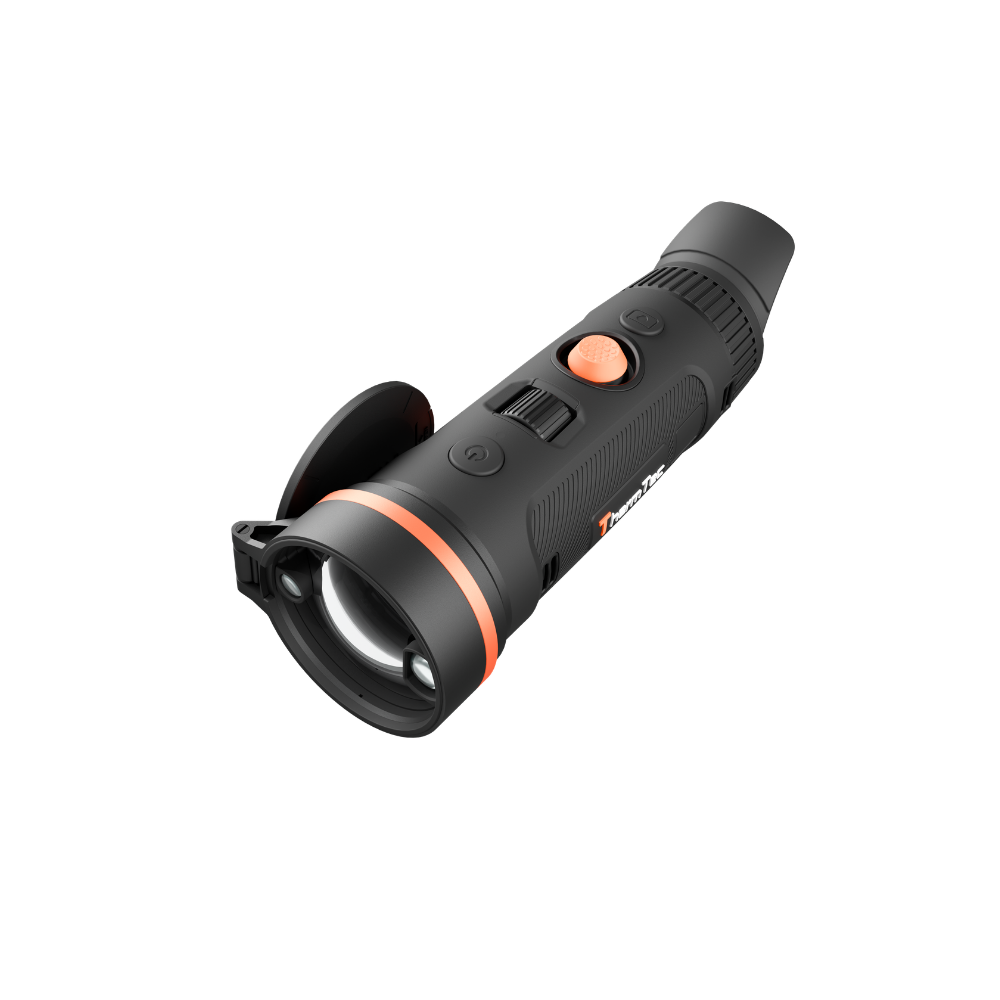 A black handheld thermal monocular with orange accent rings and buttons.