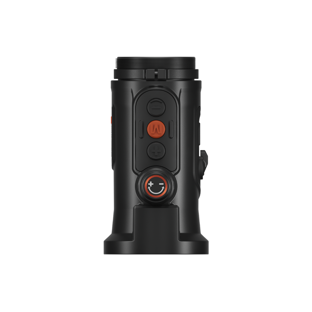A black thermal scope with orange accents, featuring a textured adjustment knob, and a mounted base.
