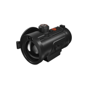 A black thermal scope with orange accents, featuring a textured adjustment knob, and a mounted base.