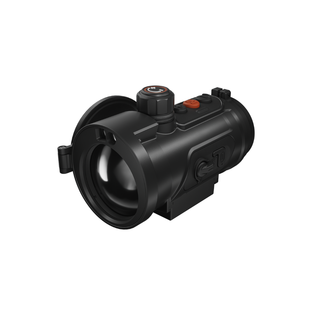 A black thermal scope with orange accents, featuring a textured adjustment knob, and a mounted base.