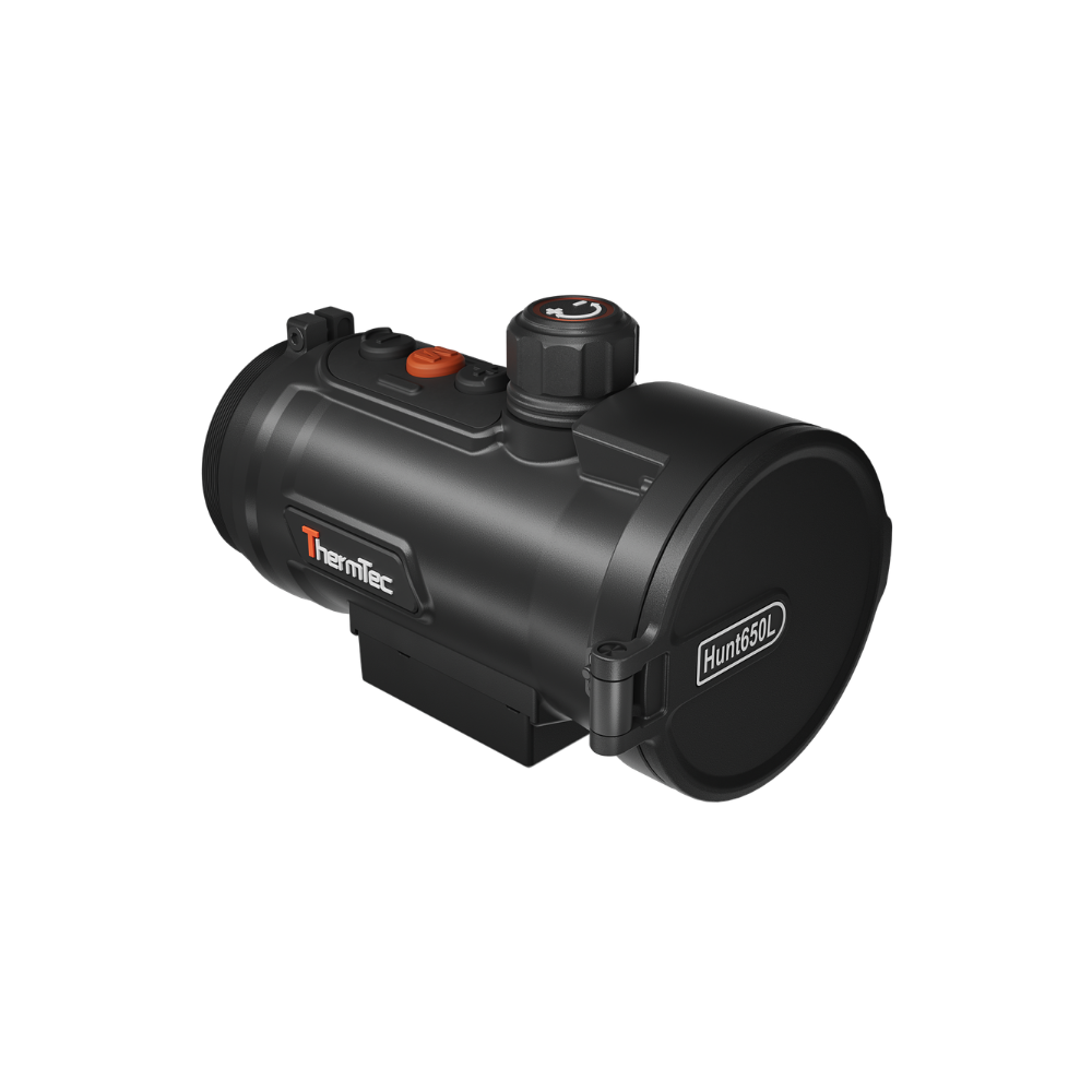 A black thermal scope with orange accents, featuring a textured adjustment knob, and a mounted base.