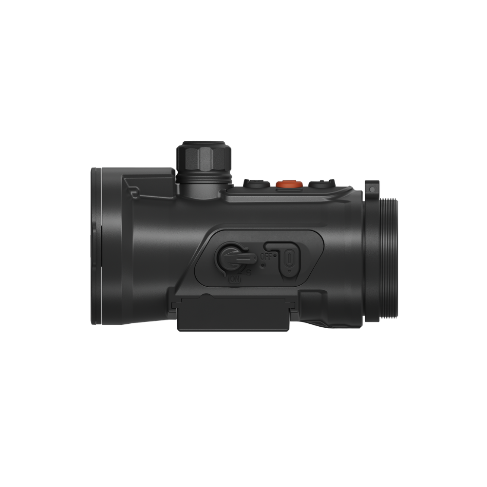 A black thermal scope with orange accents, featuring a textured adjustment knob, and a mounted base.