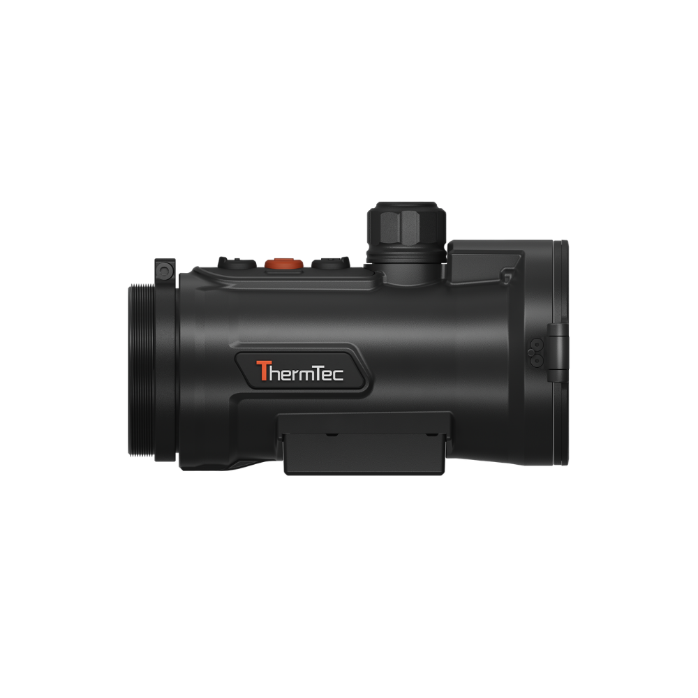 A black thermal scope with orange accents, featuring a textured adjustment knob, and a mounted base.
