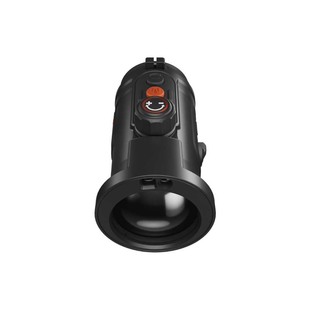A black thermal scope with orange accents, featuring a textured adjustment knob, and a mounted base.