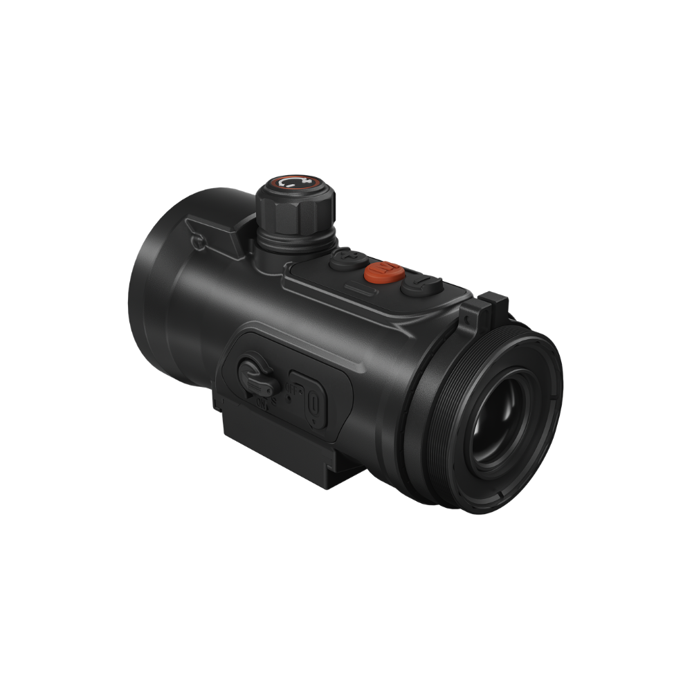 A black thermal scope with orange accents, featuring a textured adjustment knob, and a mounted base.