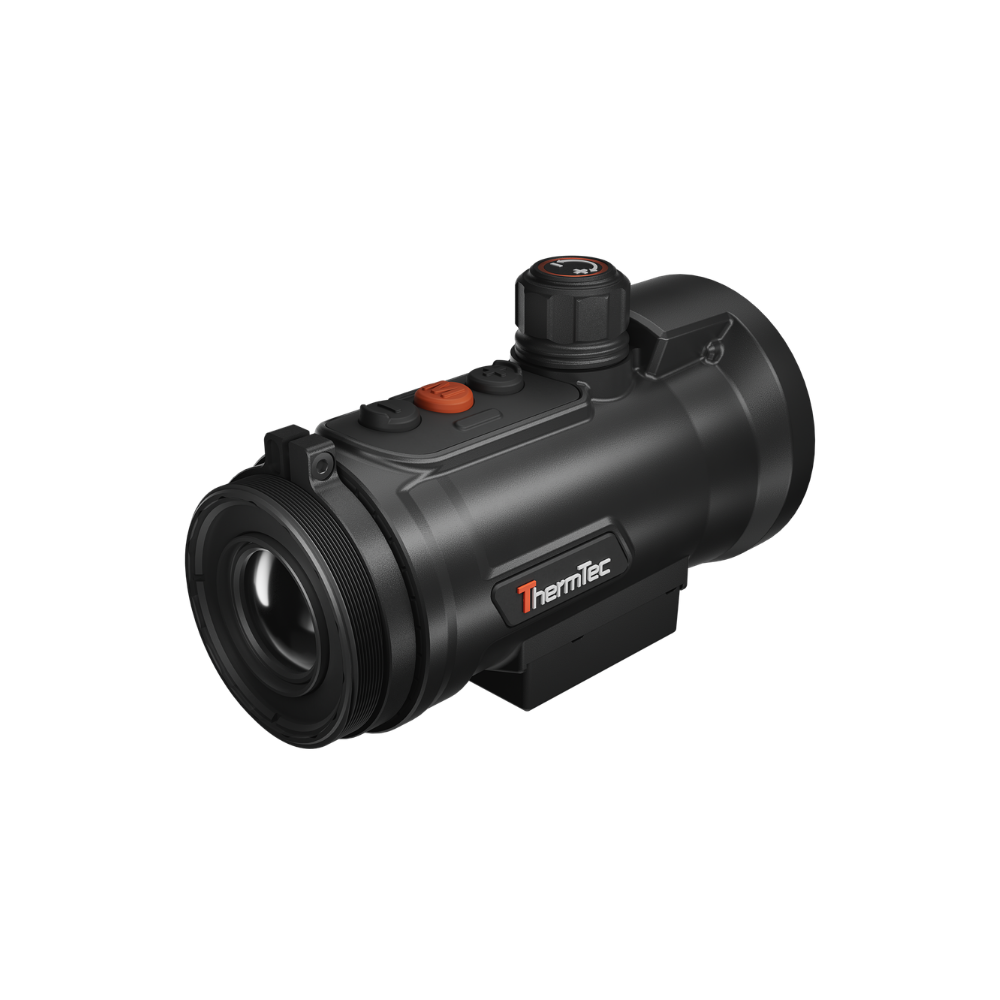 A black thermal scope with orange accents, featuring a textured adjustment knob, and a mounted base.