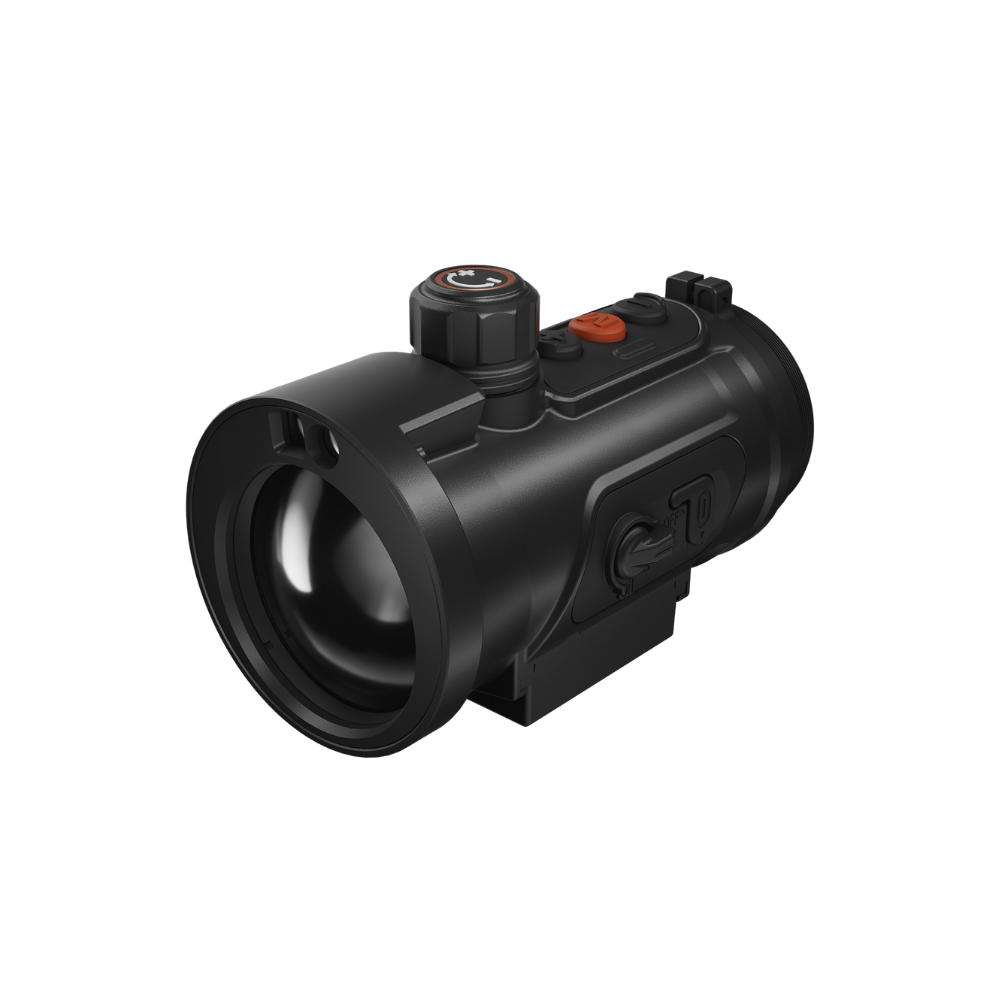 A black thermal scope with orange accents, featuring a textured adjustment knob, and a mounted base.