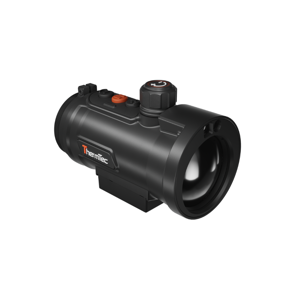 A black thermal scope with orange accents, featuring a textured adjustment knob, and a mounted base.