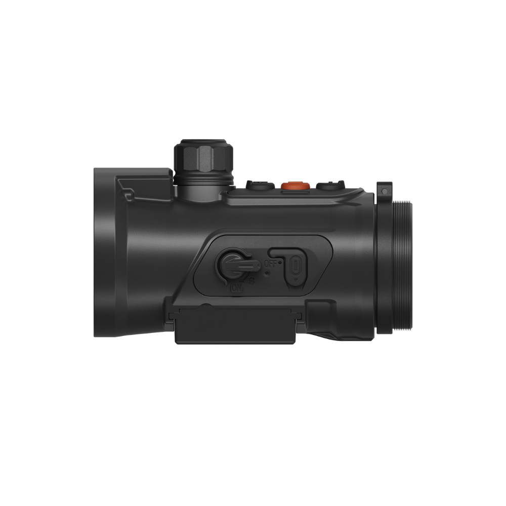 A black thermal scope with orange accents, featuring a textured adjustment knob, and a mounted base.