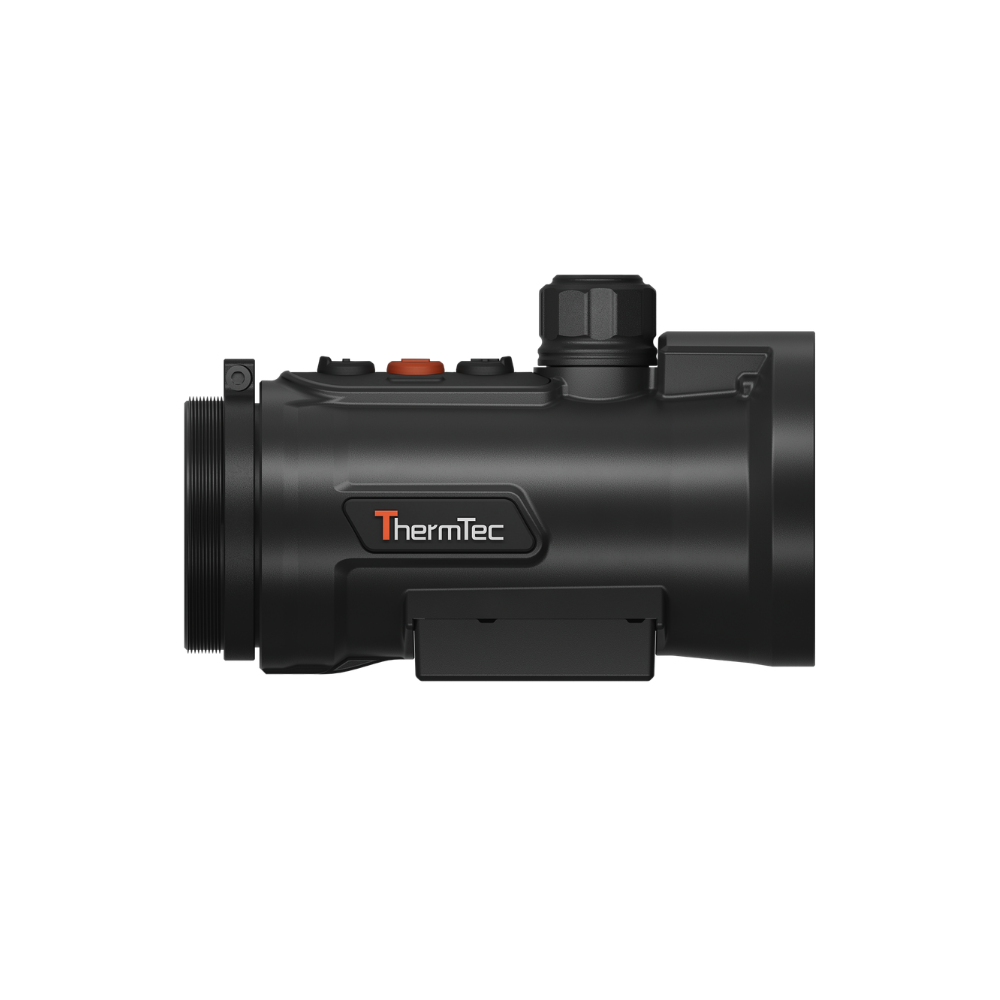 A black thermal scope with orange accents, featuring a textured adjustment knob, and a mounted base.