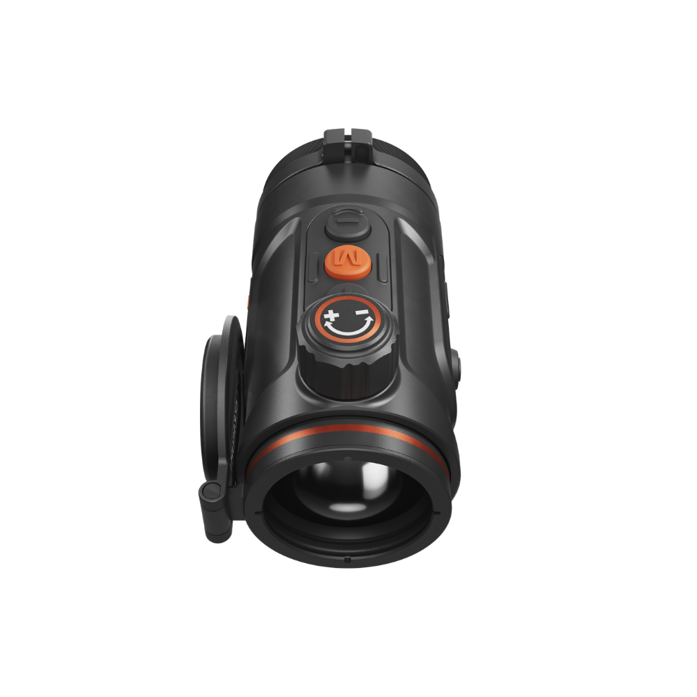 A black thermal scope with orange accents, featuring a textured adjustment knob, and a mounted base.