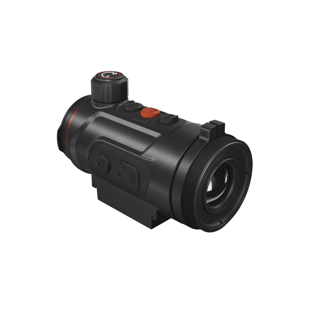 A black thermal scope with orange accents, featuring a textured adjustment knob, and a mounted base.