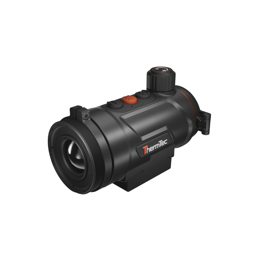 A black thermal scope with orange accents, featuring a textured adjustment knob, and a mounted base.