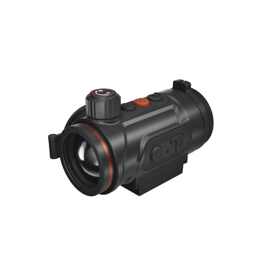 A black thermal scope with orange accents, featuring a textured adjustment knob, and a mounted base.
