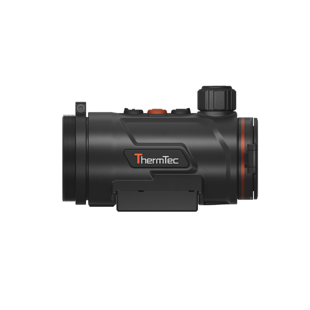 A black thermal scope with orange accents, featuring a textured adjustment knob, and a mounted base.