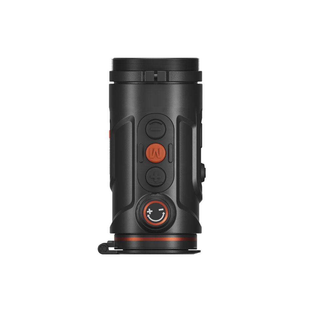 A black thermal scope with orange accents, featuring a textured adjustment knob, and a mounted base.