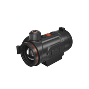 A black thermal scope with orange accents, featuring a textured adjustment knob, and a mounted base.