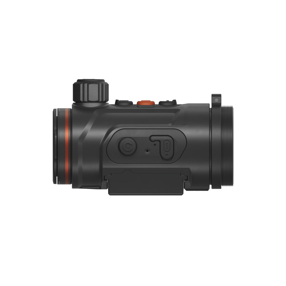 A black thermal scope with orange accents, featuring a textured adjustment knob, and a mounted base.