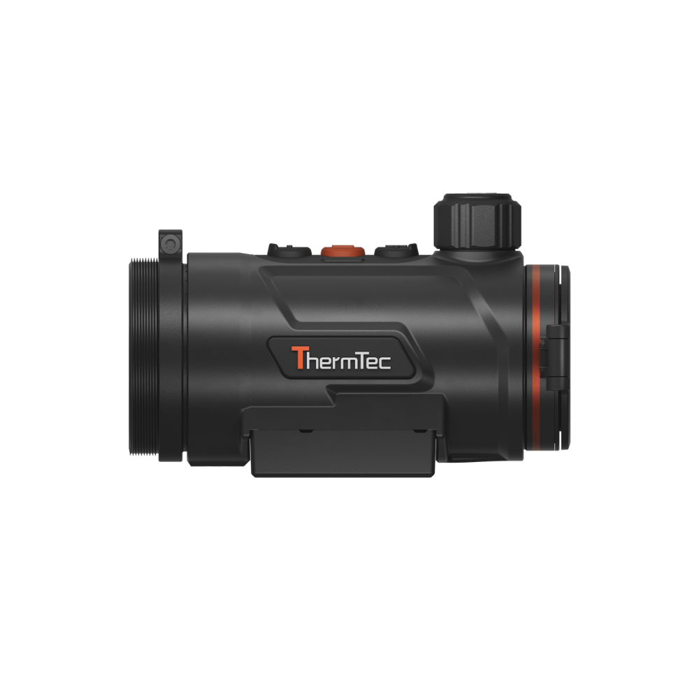 A black thermal scope with orange accents, featuring a textured adjustment knob, and a mounted base.