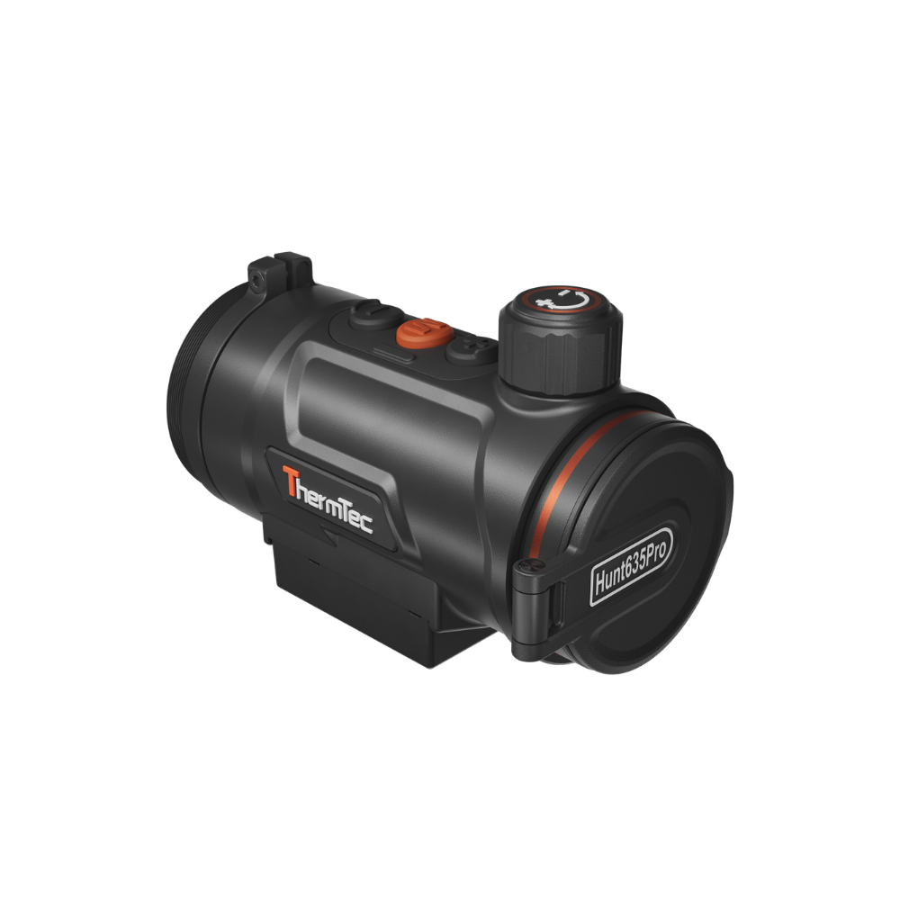 A black thermal scope with orange accents, featuring a textured adjustment knob, and a mounted base.