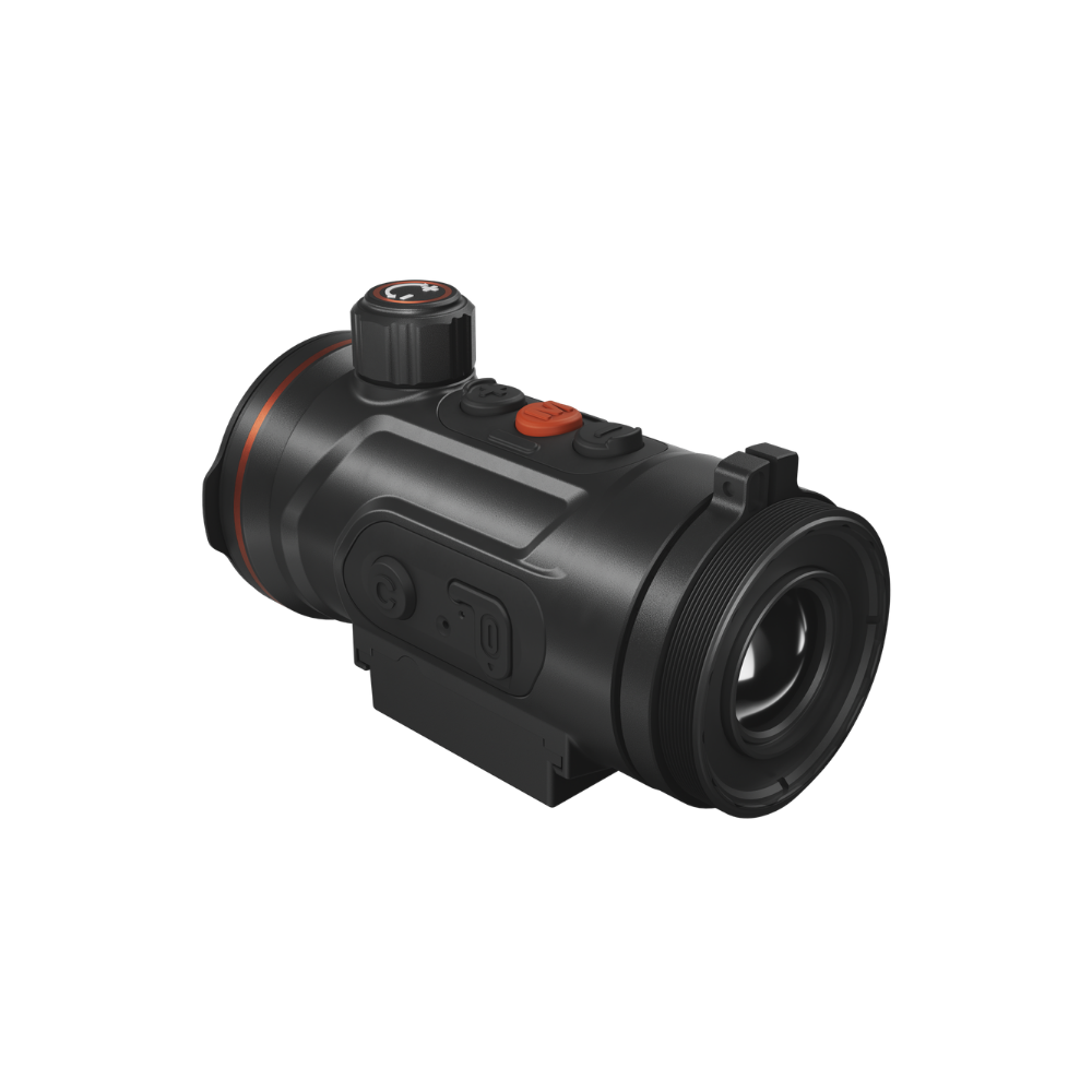 A black thermal scope with orange accents, featuring a textured adjustment knob, and a mounted base.