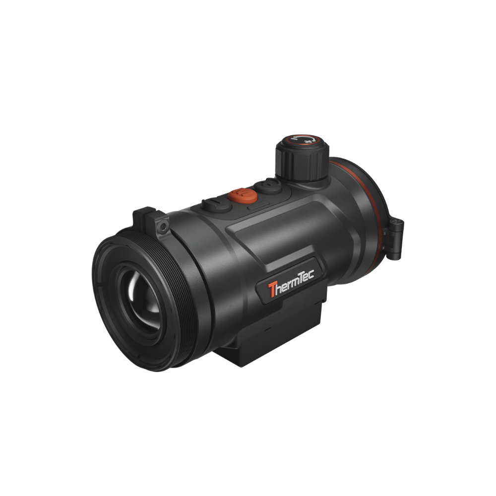 A black thermal scope with orange accents, featuring a textured adjustment knob, and a mounted base.