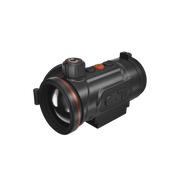 A black thermal scope with orange accents, featuring a textured adjustment knob, and a mounted base.