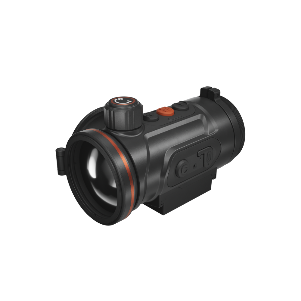 A black thermal scope with orange accents, featuring a textured adjustment knob, and a mounted base.