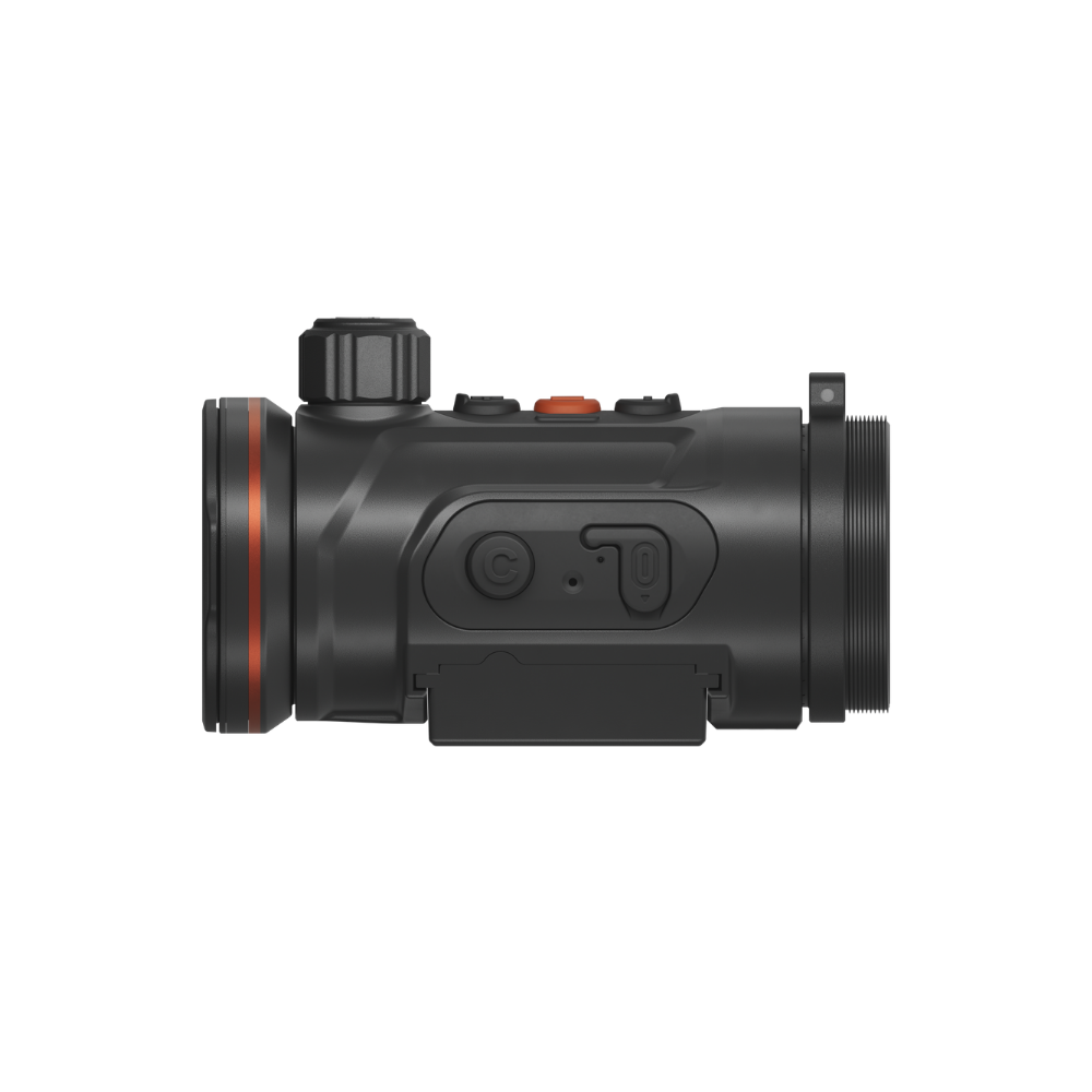 A black thermal scope with orange accents, featuring a textured adjustment knob, and a mounted base.